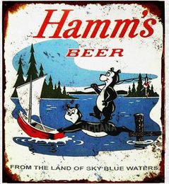 Vintage Tin Hamms Beer Bear Fishing Lake Boat tin Metal Sign 8x12 inches2985319