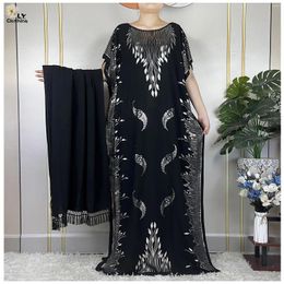 Ethnic Clothing African Summer Femme Short Sleeve Dress Cotton Gilding Dubai Kaftan Islam Women With Big Scarf Loose Casual Clothes