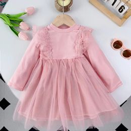 Girl Dresses Children Clothes Baby Girls Princess Dress Autumn Summer Fashion 2-7 Old Solid Kids Long Sleeve Lace 90-130 Pink