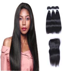 Brazilian Straight Hair Weaves 3 Bundles with Closure Middle 3 Part Double Weft Human Hair Extensions Dyeable 100gpc8574922