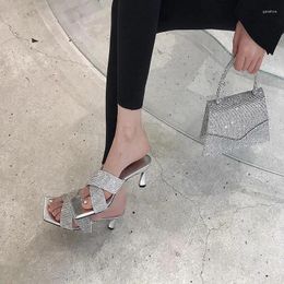 Dress Shoes Women's Silver Cross Strap Rhinestone Sandals With Square Head Mid Heel Open Toe Summer 2024
