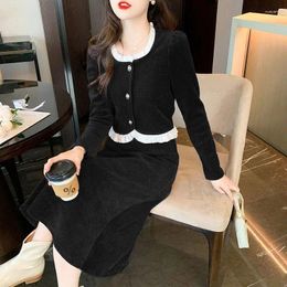 Two Piece Dress 2024 Elegant Women's Suit Jacket Skirt Set Autumn And Winter Corduroy Stitching Wood-ear Coat Top Long Two-piece