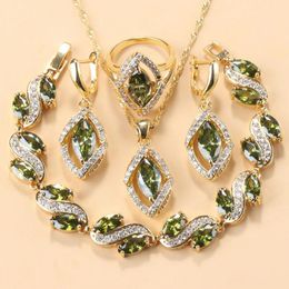 Chokers Dubai Bridal Costume Yellow Gold Colors Wedding Jewelry Sets for Women Olive Green Earrings Necklace Bracelet and Ring Sets