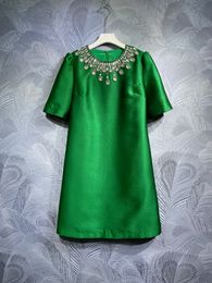 2024 Spring Pure Colour Rhinestone Dress Green Short Sleeve Round Neck Knee-Length Casual Dresses T3J021505