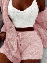 Women's Sleepwear Warm Fuzzy Pajama Set Long Sleeve Hooded Robe & Tank Top Drawstring Shorts Loungewear