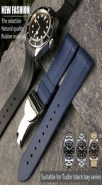 22mm Natural Rubber Silione Watch Band Special for Tudor Black Bay Gmt Curved End Pinfolding Buckle Black Blue Red Wrist Strap H07605042