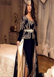 Mermaid karakou Algerian Evening Dresses sexy side slit Velvet Long Sleeves Outfit Applique Lace Chalka Prom Gowns Muslim Formal P8341088