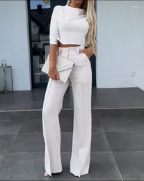 Women's Two Piece Pants Spring Crop Top With Flare Set Women Fashion Solid Turtleneck T Shirt Suit Office Casual White Pant Lady