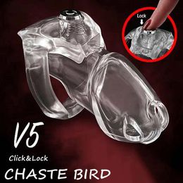 HTV5 Click Lock Padlock Male Chastity Device Set Cock Cage Penis Ring Bondage Belt Fetish Adult Sex Toys 240102