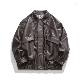 Men's Jackets Hip Hop Jacket Japanese Style Trend Simple Solid Colour PU Leather Lapel Men Loose College Coat #6670