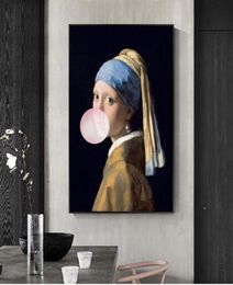 Girl with Pearl Earrings Famous Art Canvas Oil Painting Reproductions Girl Blow Pink Bubbles Wall Art Posters Picture Home Decor3147741