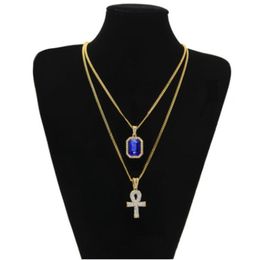 Hip Hop Egyptian Iced Out Key of Life Ankh Cross Pendant 24 Chain Necklace with Red Ruby Pendant Necklace Jewellery Set297v