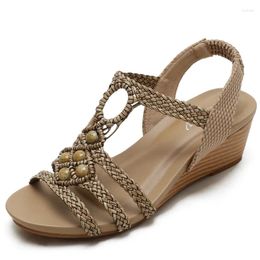 Sandals Women's Wedge Heel Summer Travel Holiday Retro Weaving Beaded Roman Shoes