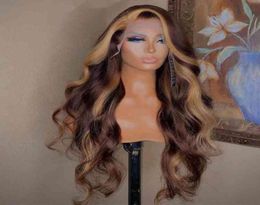 Brown Highlight Color Skunk Stripe Wavy Style Indian Human Hair 134 Transparent HD Swiss Lace Frontal Wigs40474736891292