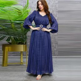 Ethnic Clothing Muslim Dubai Dress V-neck Long Sleeves A-line With Belt Shiny Silk Satin Multi-color Arab Middle East Women