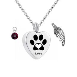 Birthstone Pet Memorial Urn Necklace Dog Cat Paw Print Heart Cremation Jewelry Ashes Keepsake Pendant Engraving289R