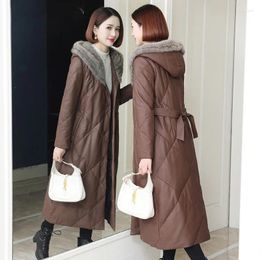 Women's Leather 2024 Promotion Genuine Down Jacket Medium Long Winter Mink Hair Collar Hooded Sheepskin Coat Slim C