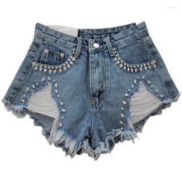 Women's Jeans Diamond Studded Frayed Edge Denim Shorts 2024 Summer Loose High Waisted A-line Wide Leg Pants