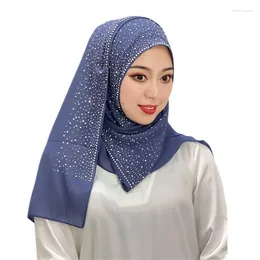 Scarves Muslim Drilling Amira Hijab Gauze Square Headscarf Islamic Solid Beaded Ornament Arab Women Lightweight Turban 100 100Cm