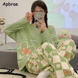 Women's Sleepwear Pajamas Cartoon Cotton Korean Long Sleeves Pants Women Pijamas O-neck Ladies Pyjamas Print