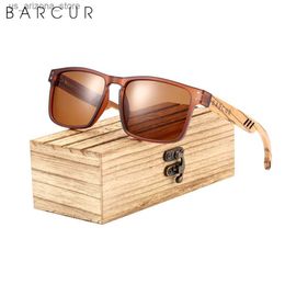 Sunglasses BARCUR Design Brand Wood Sunglasses Zebra Temple Wooden Sun Glasses Men Polarised Vintage Women UV400 Protection Free Wood Box Q240102