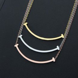 New Arrive Fashion Classic Lady 316L Titanium steel Smile Lettering 18K Plated Gold Necklaces With Double T Letter Pendant 3 Color238n