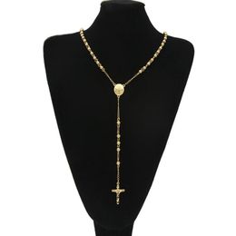 Gold Stainless Steel Bead Chain Jesus Christ Cross Pendant Rosary Long Necklace Mens Womens Hip hop Jewelry263Z