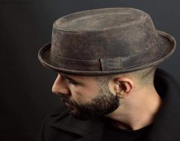 100 Leather Fedora Hat for Men Flat Pork Pie Hat Gentleman Bowler Church Jazz Sun Hat Big 4Size S M L XL41711814530821