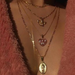 Women Necklaces Angel Heart Pink Crystal Virgin Mary Pendant Clavicle Chain Multilayer Gold Necklace Set Engagement Jewellery Gift269j