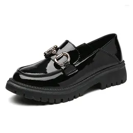Dress Shoes Women's Fashion Smooth Leather Loafers Female Casual Slip-On Single Size 41 British Metal Buckle Low Tops Black