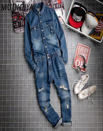 Men039s Jeans Men Fashion Ripped Jumpsuit Casual Denim Long Sleeve Jumpsuits Overalls Suspender Pants Male Hiphop Streetwear Cl5125165