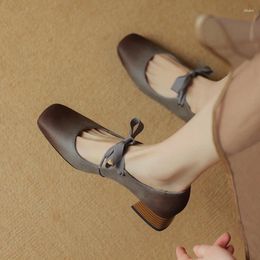 Dress Shoes Spring Women Pumps Split Leather For Square Toe Low Heel Retro Brown Mary Janes Lace-up