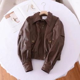 Women's Leather Fashion Dark Brown Jacket Women Lapel Long Sleeve Quilted PU Coat For Woman Retro Motorcycle Outerwear Chaquetas