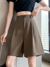 2023 Summer White Black Suit Shorts Woman High Waist Wide Leg Shorts Women Casual Half Trousers Loose Knee Length Pants