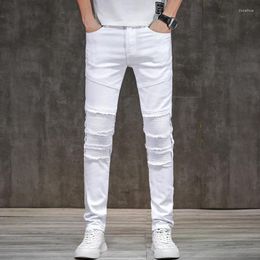Men's Jeans Spring Autumn Slim Motorcycle Stretch Straight Pleated Fashion Hip Hop Male High Street Denim Trousers