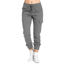 Women's Pants Slim Fit Cargo Mid Waist High Elastic Sports Streetwear Solid Colour Harem Female Cropped Trousers