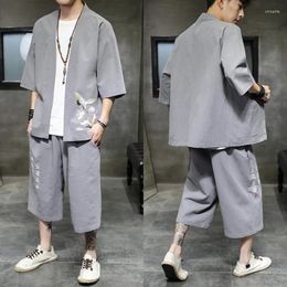 Ethnic Clothing Summer Hanfu Sets Men Sinicism Embroidered Cardigan Male Samurai Mid-sleeve Shirt Shorts Set Vintage Tang Suit