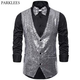 Blazers Mens Shiny Sequins Vests Silver Glitter Waistcoat Men Party Vest Bowtie Wedding Nightclub DJ Stage Men Gilet Suit Vest Masculino