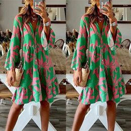 Casual Dresses Bohemian Style Loose Printed For Women Flared Sleeve V-neck Buttons Beach Dress Fashion Autumn Lady Vestidos