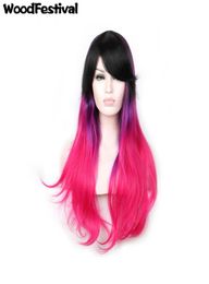 WoodFestival good quality synthetic fiber hair wigs ombre black purple pink mixed color cosplay wig 75cm long wavy wig with bangs 7717195