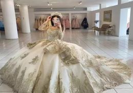 2022 Champagne Beaded Quinceanera Dresses Lace Up Appliqued Long Sleeve Princess Ball Gown Prom Party Wear Masquerade Dress CG0011934626