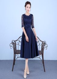 New Navy Blue Evening Dresses with Half Sleeve Elegant High Neck Satin Bride Gown 2017 Ball Prom Party HomecomingGraduation Forma8965930