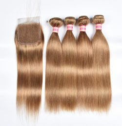 Brazilian Straight Hair Weave Bundles With Closure Honey Blonde Human Hair 3 Bundles With Closure 27 Brazilian Straight Hair Exte7764198