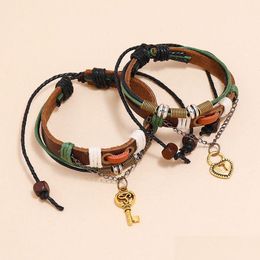 Charm Bracelets Heart Key Lock Gold Bracelet String Adjustable Mti Layer Wrap Leather Couple Wristband Bangle Cuff For Women Men Fas Dh73I