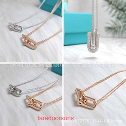 Family T Double Ring Tifannissm Necklace Horseshoe Buckle s925 Silver Plated 18K Gold Inlaid Diamond shaped Personalized Fashion Light