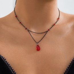 Pendant Necklaces IngeSight.Z Gothic Double Layered Red Water Droplet Crystal Necklace For Women Sexy Metal Link Clavicle Chain