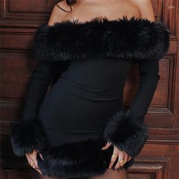 Casual Dresses Women Off Shoulder Fur Collar Long Sleeve Birthday Bodycon Midi Black Dress 2024 Evening Sexy Party Vestidos