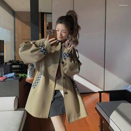 Women's Trench Coats 2024 Windbreaker Coat Women Spring Medium Length Jackets Korean Style Workwear Overcoat Checkerboard Grid Splicing