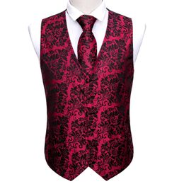 Blazers New Men Red Waistcoat Silk Vest For Men Jacquard Floral Tie Hanky 4PC Set Formal Business Party Male Jacket Barry.Wang Designer