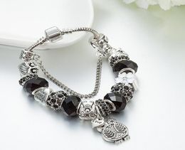 Strands Charm 925 silver bracelet black beads, owls and Diy flowers for women's charms7818273